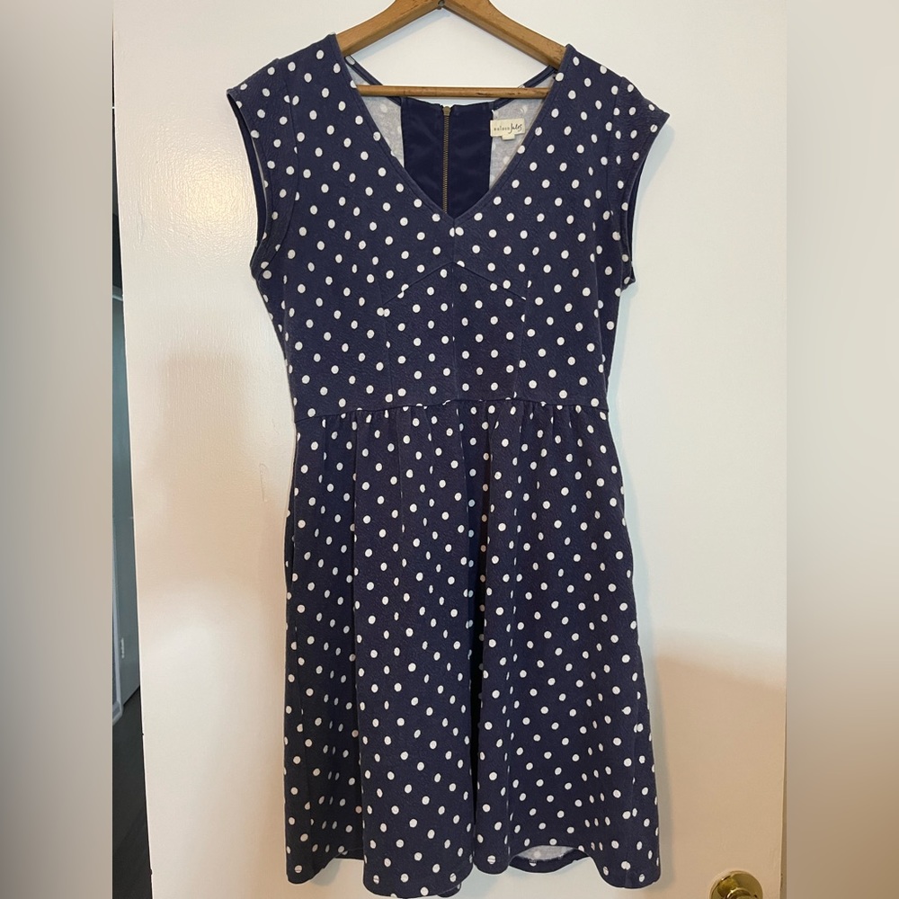 MAISON JULES Navy Blue White Polka Dot Fit-n-Flare Dress w Pockets